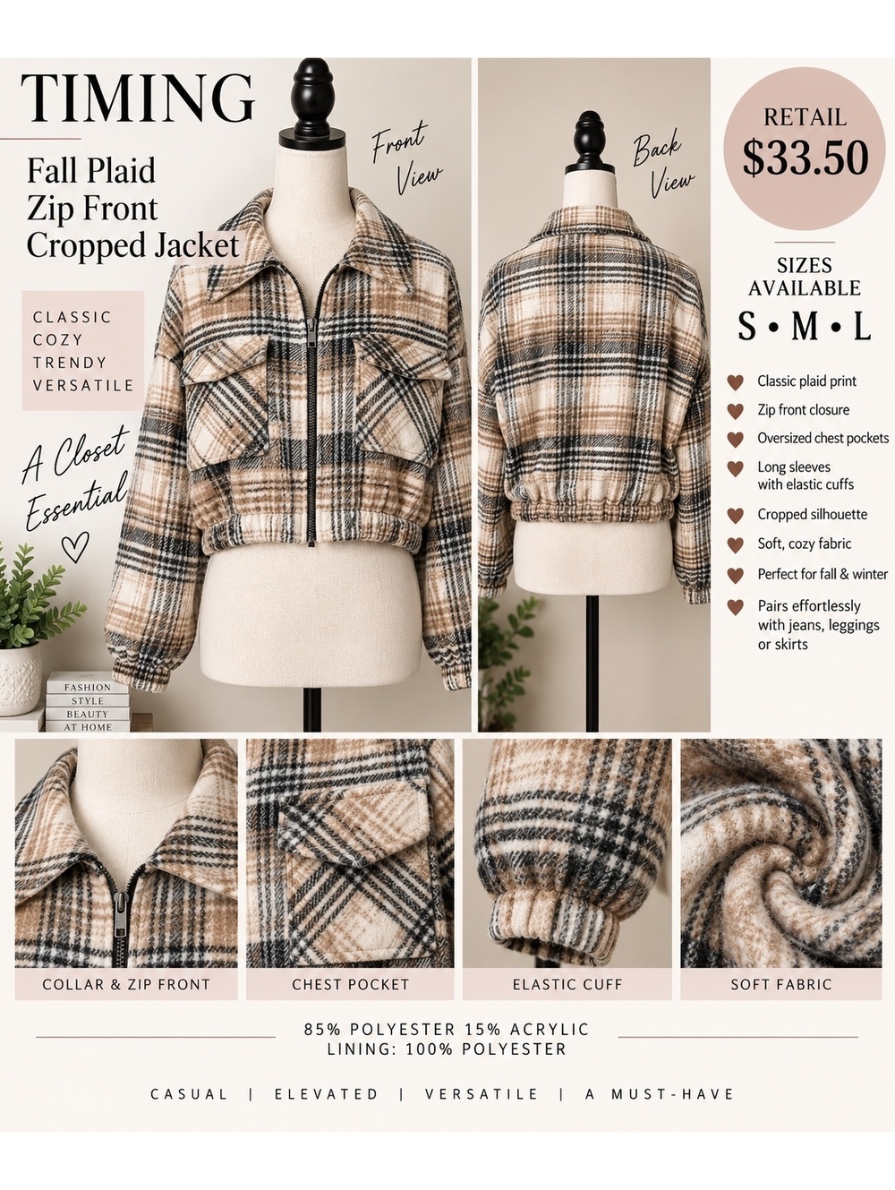 Timing Los Angeles Fall Plaid Zip Front Cropped Jacket